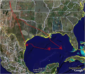 Map of the the test flight from Boulder to the Gulf of Mexico.